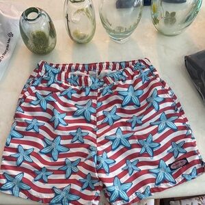Vineyard Vines Red and White Striped Swim Shorts with Blue Starfish